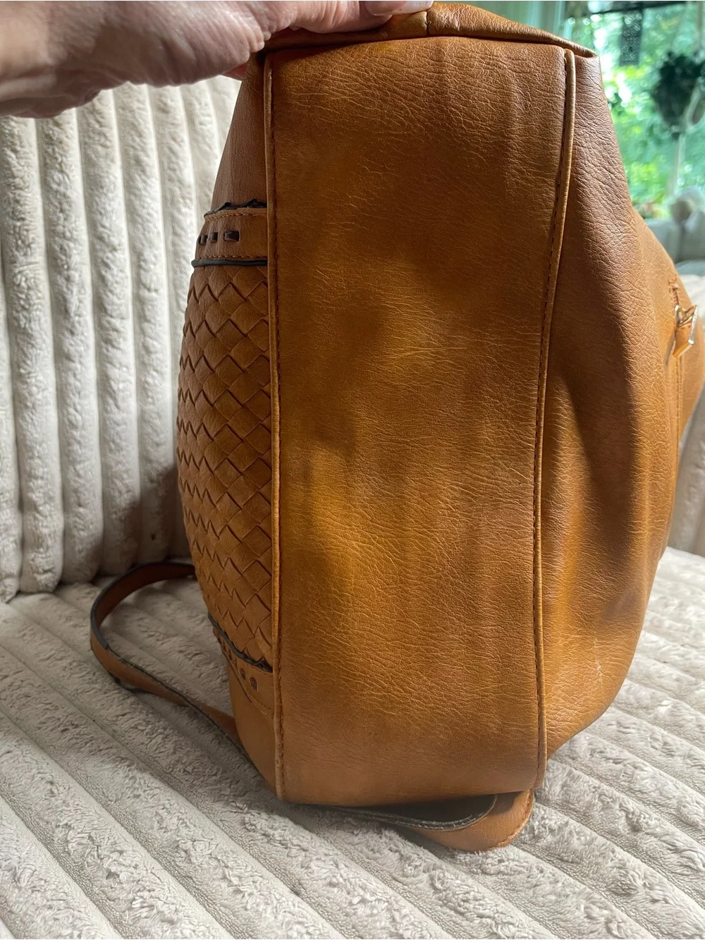 Vilenca Holland Woven Leather Convertible Backpack Shoulder Bag Cognac